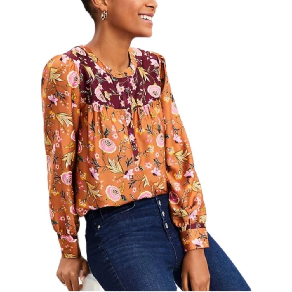 Loft Mixed Print Floral Henley Blouse Size Medium